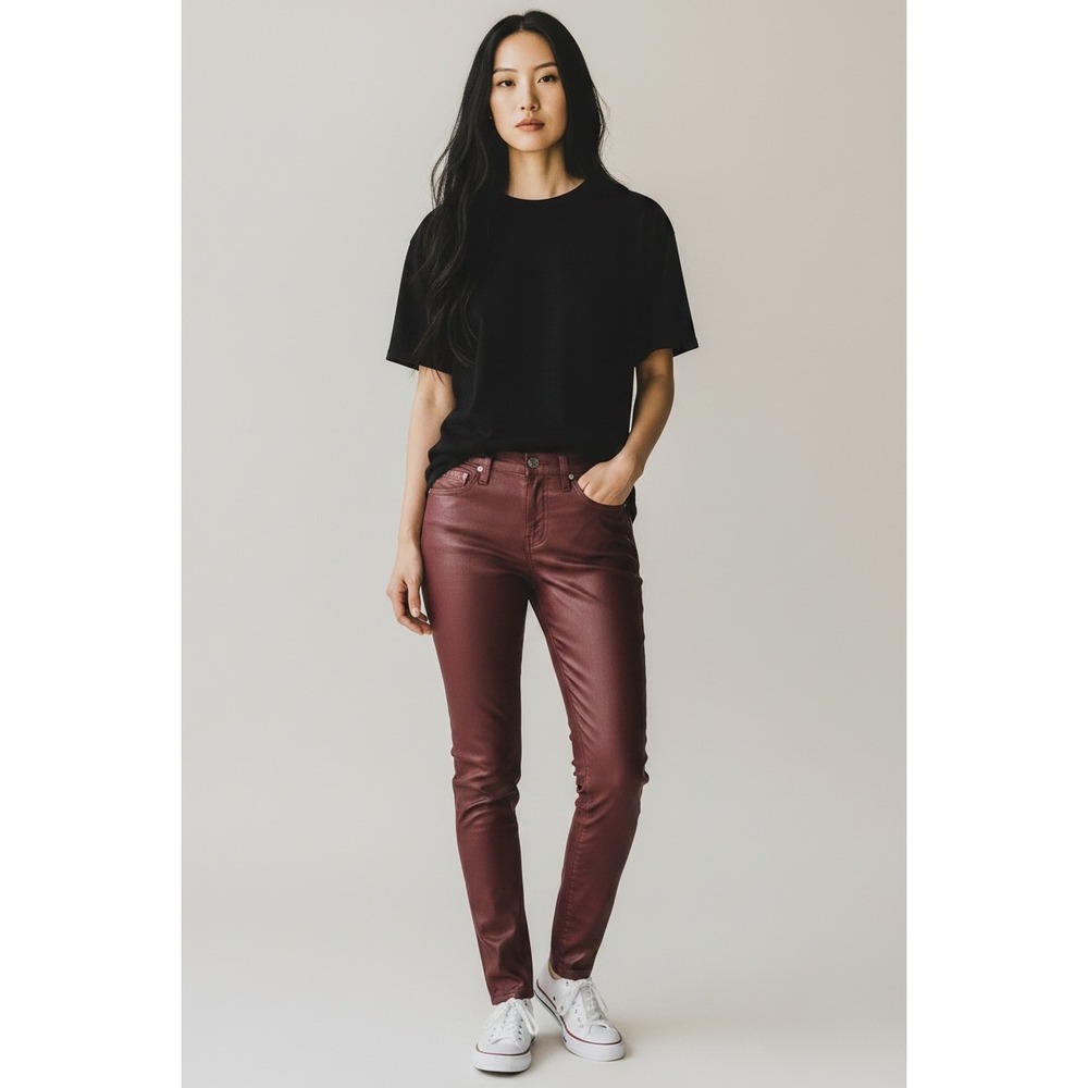 7 For All Mankind Ankle Skinny Jeans Coated Burgundy Wine Red Size 25 Made n USA